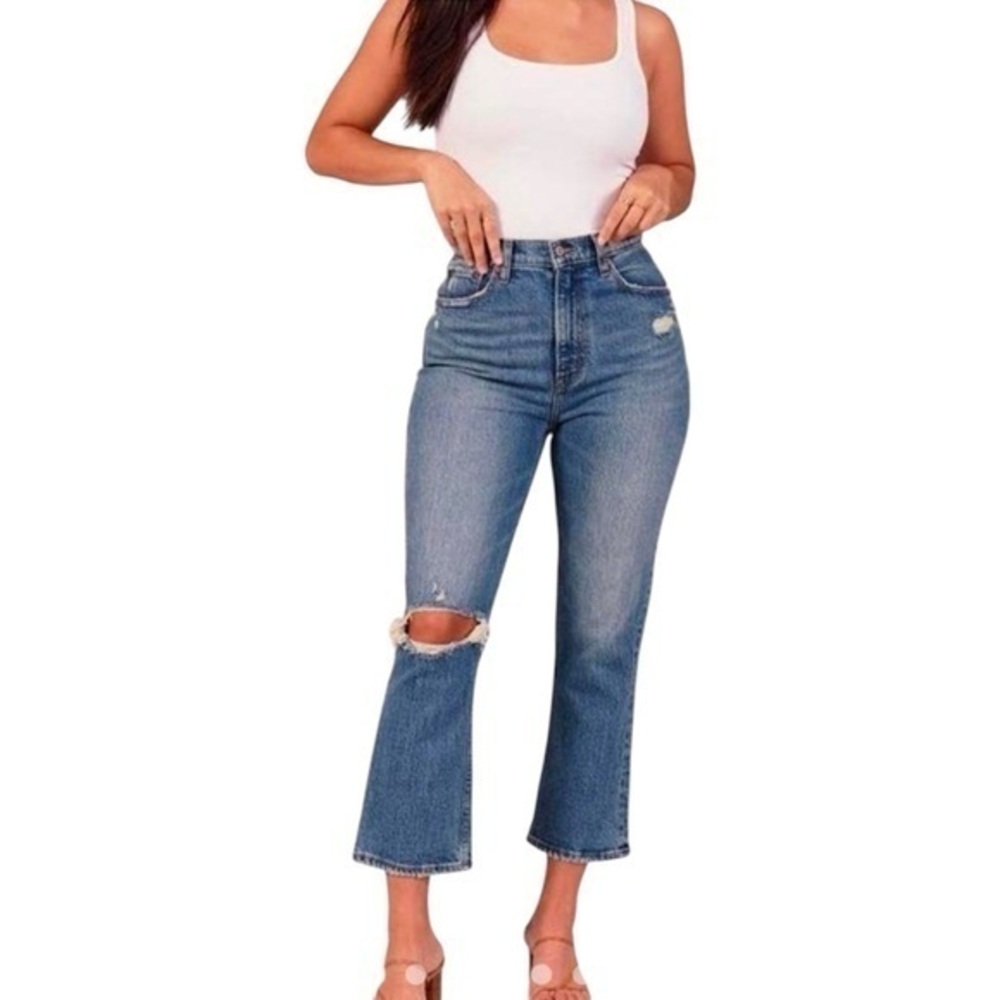 Abercrombie & Fitch Curve Love ultra high rise kick flare Distressed Blue Jeans